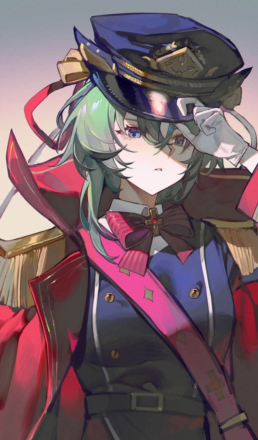 1girl absurdres alternate_costume belt belt_buckle blue_eyes blue_hat bow bowtie breasts buckle buttons coat coat_on_shoulders collared_coat commentary cross_pin double-breasted ender_xiaohai epaulettes gloves gradient_background hand_on_headwear hat hat_bow hat_ribbon high_collar highres military_hat military_uniform open_clothes open_coat parted_lips pink_sash red_coat ribbon sash shiki_eiki shiki_eiki_(underground_waste_ward_depot_master) single_sidelock small_breasts solo striped_bow striped_bowtie striped_clothes touhou upper_body white_gloves wing_collar