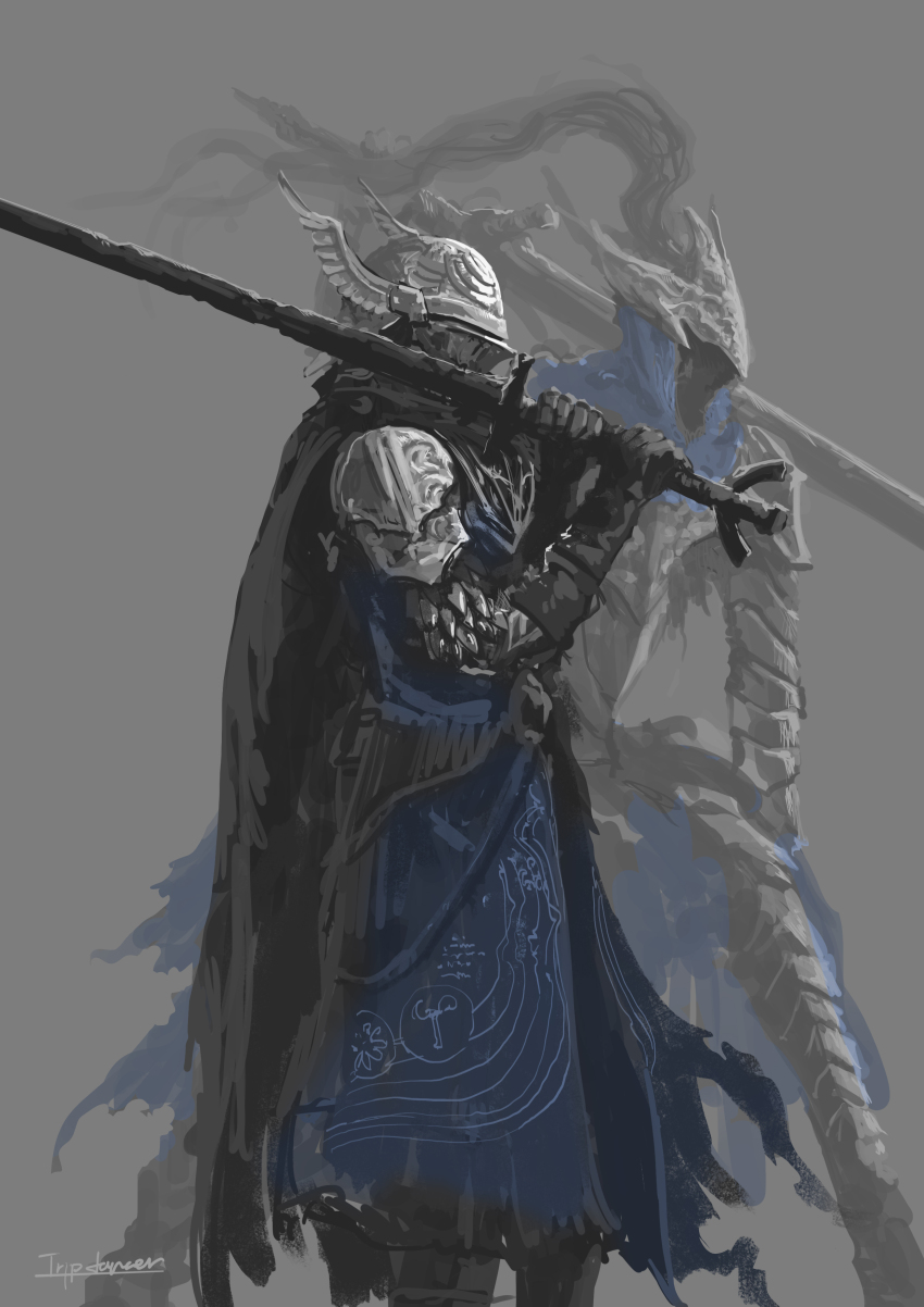 2boys absurdres armor artorias_the_abysswalker black_cape black_gloves blue_surcoat breastplate cape commentary dark_souls_(series) dark_souls_i elden_ring elden_ring_nightreign english_commentary gloves grey_background helm helmet highres holding holding_sword holding_weapon knight multiple_boys over_shoulder pauldrons plate_armor plume shoulder_armor signature simple_background surcoat sword tripdancer two-handed_sword weapon weapon_over_shoulder wylder_(elden_ring)
