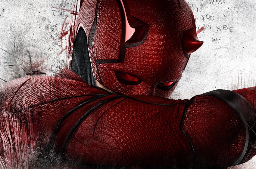 1boy arifinity blind bodysuit daredevil daredevil_(netflix) highres horned_mask male_focus marvel marvel_cinematic_universe mask matt_murdock red_bodysuit red_mask solo superhero_costume