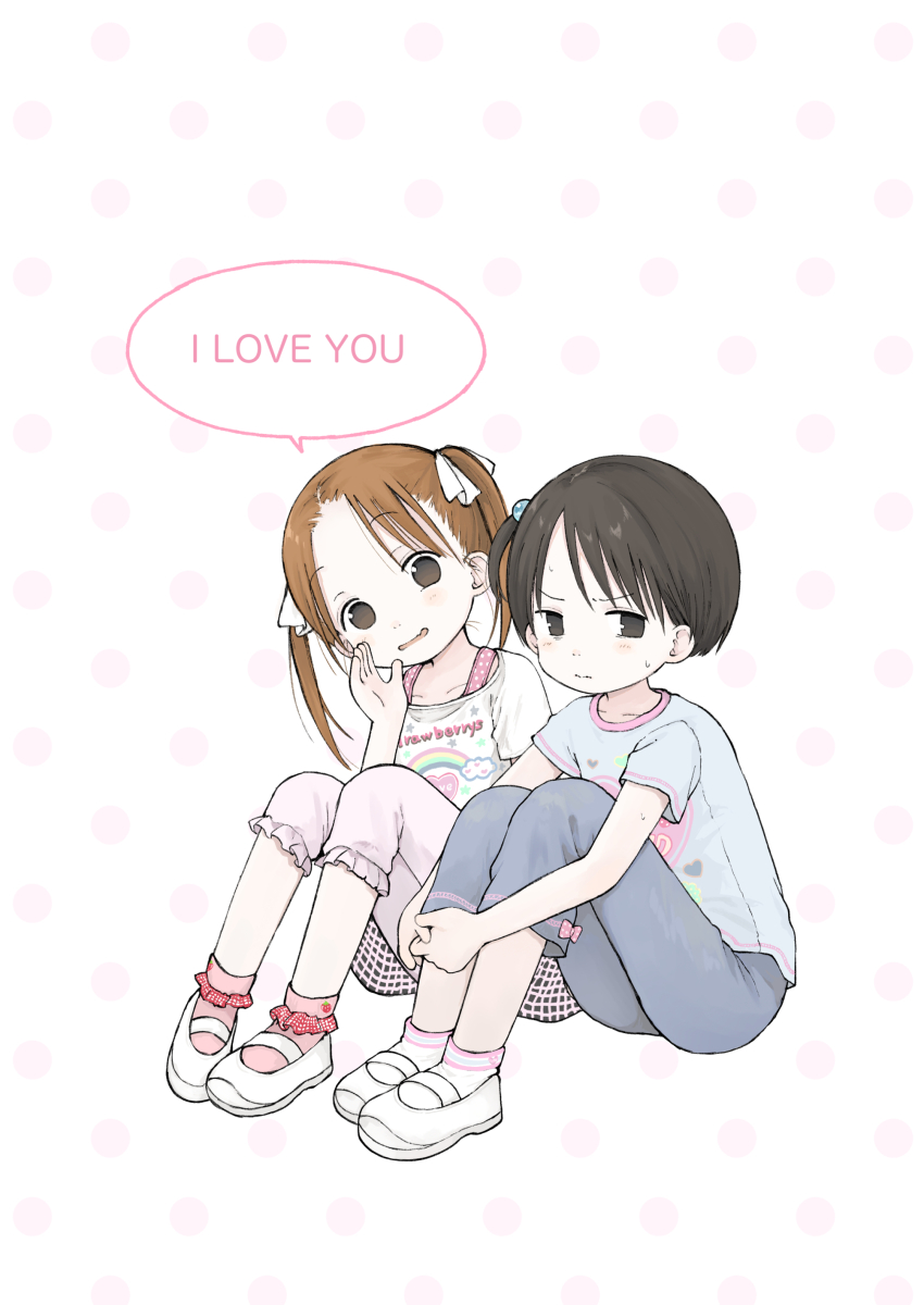 2girls absurdres animal_print back_cover black_eyes black_hair blue_pants blue_shirt brown_eyes brown_hair child cinnamoroll closed_mouth clothes_writing collarbone commentary_request cover donut_print fang food_print forehead frilled_pants frilled_socks frills fruit_print fuwa_fuwa_cinnamoroll hair_ribbon hand_up heart heart_print heisei_retro highres hugging_own_legs ichigo_mashimaro itou_chika jojifuku knees_up kurousa light_blush long_hair looking_at_viewer matsuoka_miu multiple_girls nanoningen_(anapoko) nostrils one_side_up pants pants_under_skirt parted_bangs parted_lips pink_pants pink_socks plaid_clothes plaid_skirt polka_dot polka_dot_background print_shirt print_socks rabbit_print ribbon sanrio shirousa_(sugarbunnies) shirt short_hair short_sleeves sitting skin_fang skirt smile socks speech_bubble star_(symbol) star_print strawberry_print sugarbunnies sweat t-shirt trembling twintails white_background white_footwear white_ribbon white_shirt white_socks yume_kawaii