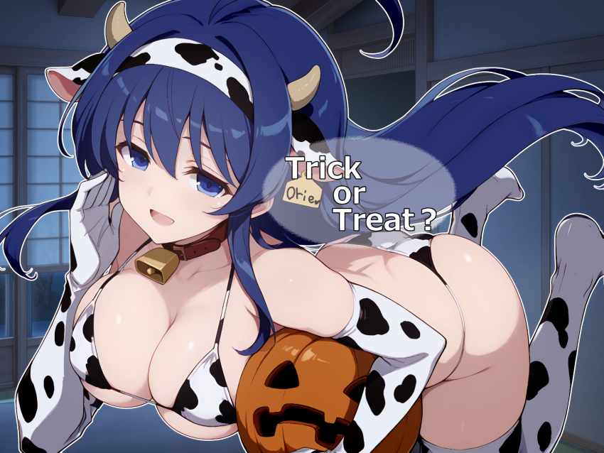 1girl animal_ears animal_print ass ballardiae1007 bell bikini blue_eyes blue_hair breasts cleavage commentary_request cow_ears cow_horns cow_print cow_print_bikini cowbell elbow_gloves english_text gloves halloween halloween_costume highres horns large_breasts long_hair open_mouth orie_ballardiae_harada print_bikini pumpkin solo swimsuit trick_or_treat under_night_in-birth