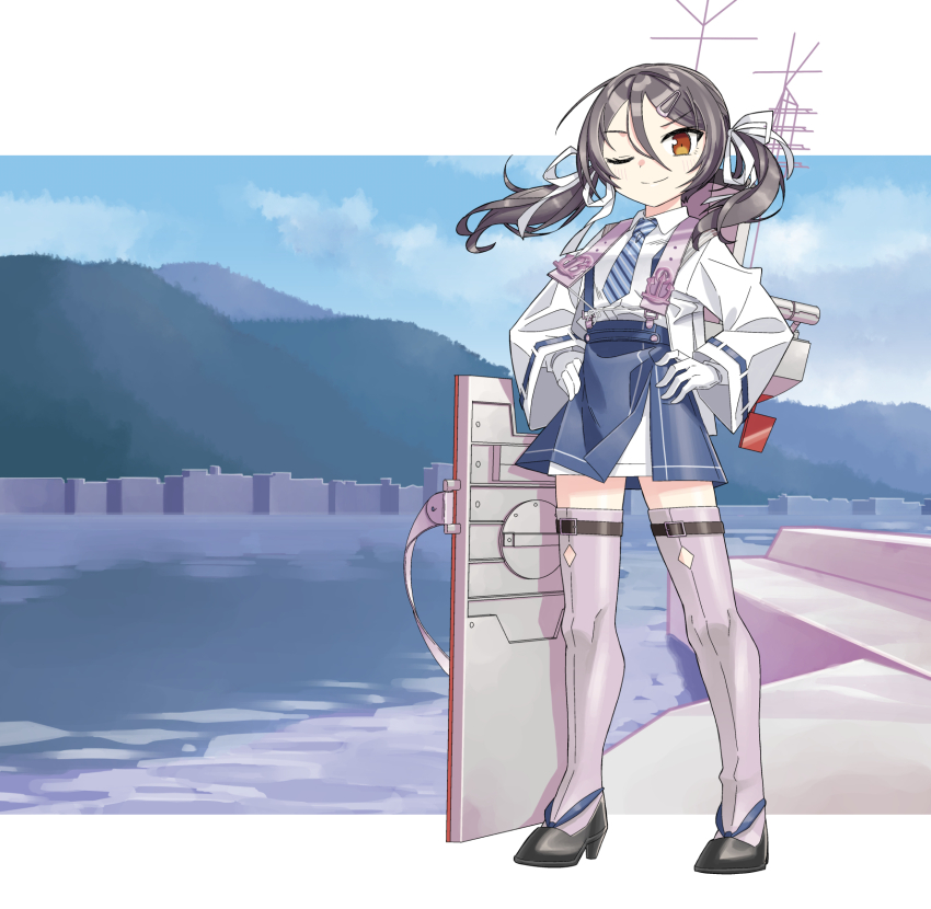 1girl black_hair blue_dress brown_eyes collared_shirt diagonal-striped_clothes diagonal-striped_necktie dress full_body gloves grey_thighhighs hair_between_eyes hair_ornament hair_ribbon hairclip highres inagi_(kancolle) inagi_kai_ni_(kancolle) kantai_collection kazh_(kazu) long_hair loose_hair_strand necktie one_eye_closed ribbon rigging shirt smile solo standing striped_clothes thighhighs twintails white_gloves white_ribbon white_shirt