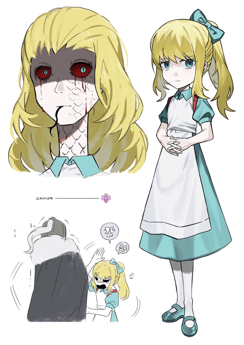2boys absurdres anger_vein angry apron aqua_bow aqua_dress aqua_eyes aqua_shoes arm_up asdf1211950 black_souls black_souls_2 blonde_hair blood bloody_tears bow cape cloak closed_mouth collared_dress colored_sclera cosplay crossdressing dated dress expressionless flying_sweatdrops forked_tongue full_body fur-trimmed_cape fur_trim grey_cape grimm_(black_souls) hair_bow hair_slicked_back helm helmet high_ponytail highres interlocked_fingers long_hair mary_janes multiple_boys multiple_views open_mouth own_hands_clasped own_hands_together pantyhose ponytail puffy_short_sleeves puffy_sleeves red_sclera reptile_boy scales serpent_god_(black_souls) shaded_face shoes short_sleeves simple_background slit_pupils spoken_anger_vein standing tongue trap trembling white_apron white_background white_pantyhose