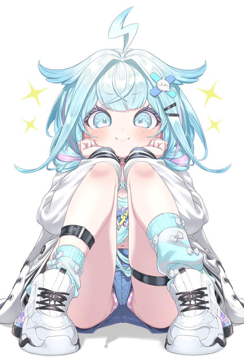 1girl absurdres black_choker blue_eyes blue_hair blue_shirt blue_shorts blue_socks blush choker closed_mouth commentary_request hair_ornament hairclip hands_on_own_cheeks hands_on_own_face highres hololive hololive_dev_is jacket knee_strap knees_up lightning_ahoge long_sleeves looking_at_viewer mizumiya_su multicolored_hair navel o-ring o-ring_choker open_clothes open_jacket panties panty_peek pink_hair pink_panties revision shirt shoes shorts sitting smile sneakers socks solo streaked_hair striped_clothes striped_panties syam_illust thigh_strap two-tone_hair underwear virtual_youtuber white_background white_jacket white_shoes