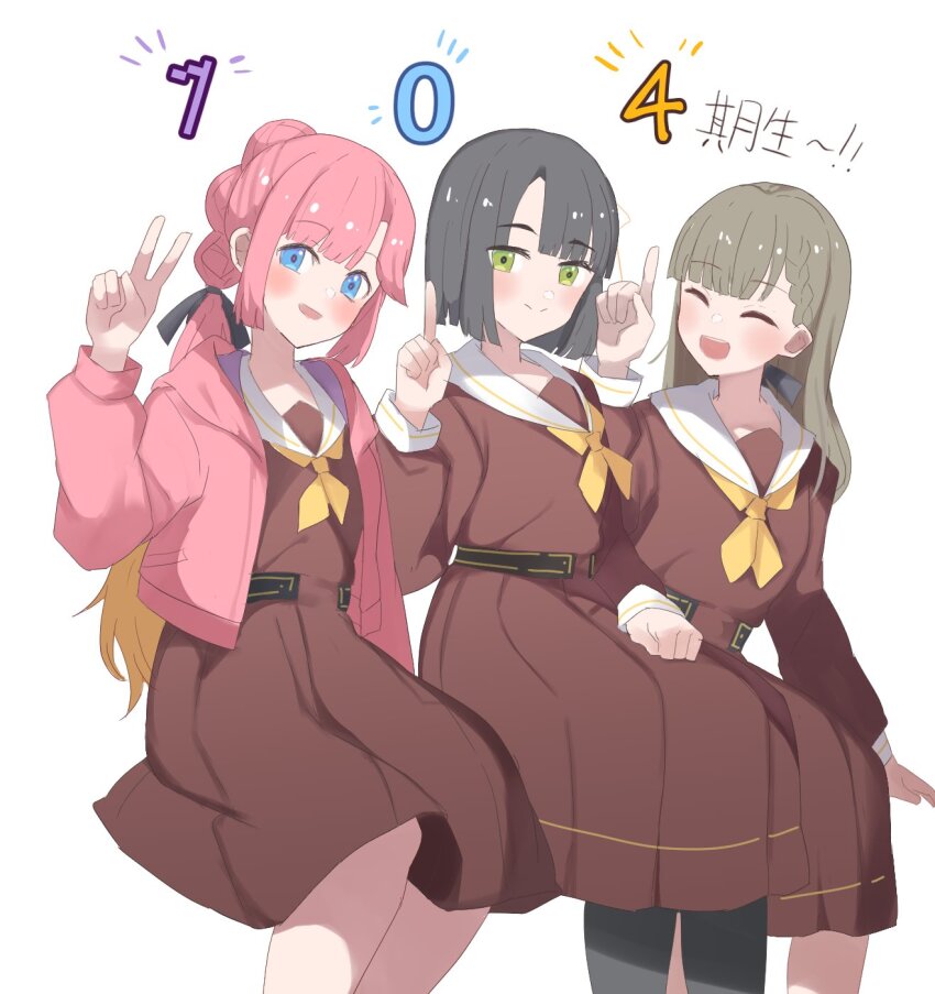 3girls :d ^_^ ahoge anyoji_hime black_bow black_hair black_pantyhose black_ribbon blonde_hair blue_eyes blunt_bangs blunt_ends blush bob_cut bow braid brown_dress brown_hair center-flap_bangs closed_eyes closed_mouth commentary_request dress feet_out_of_frame gradient_hair green_eyes hair_bow hair_ribbon hasu_no_sora_school_uniform highres hood hooded_jacket index_finger_raised invisible_chair jacket kachimachi_kosuzu link!_like!_love_live! long_hair long_sleeves looking_at_viewer love_live! medium_dress momose_ginko multi-tied_hair multicolored_hair multiple_girls neckerchief open_clothes open_jacket open_mouth pantyhose pink_hair pink_jacket pixel_text pleated_dress ponytail ribbon sailor_collar sailor_dress school_uniform short_hair side_braids sidelocks simple_background sitting smile soyo1558686 split_mouth straight_hair swept_bangs v very_long_hair virtual_youtuber white_background white_sailor_collar winter_uniform yellow_neckerchief