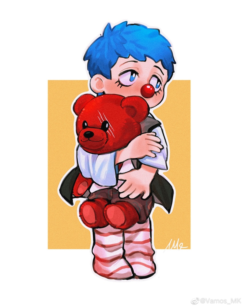 1boy absurdres aged_down blue_eyes blue_hair border buggy_the_clown child clown_nose eyelashes highres holding holding_stuffed_toy holding_teddy_bear male_focus objectification one_piece shanks_(one_piece) shirt short_hair socks solo striped_clothes striped_socks stuffed_animal stuffed_toy teddy_bear vamos_mk white_border white_shirt