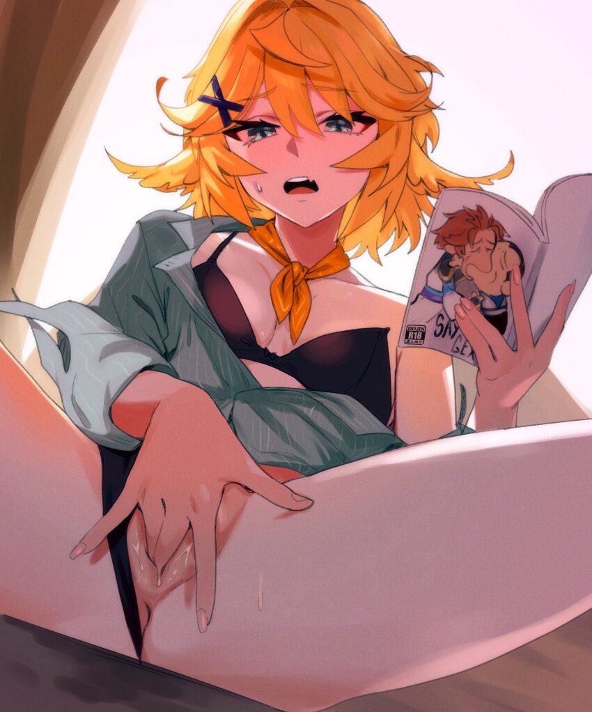 1girl anus black_bra black_panties blonde_hair blue_eyes book bra breasts clothing_aside dokibird_(vtuber) dokibird_(vtuber)_(bounty_hunter) female_masturbation fingering green_shirt hair_between_eyes hair_ornament highres holding holding_book indie_virtual_youtuber masturbation medium_breasts open_book open_mouth panties panties_aside pornography shirt sitting solo spread_legs thernz uncensored underwear vaginal virtual_youtuber x_hair_ornament yaoi_(object)
