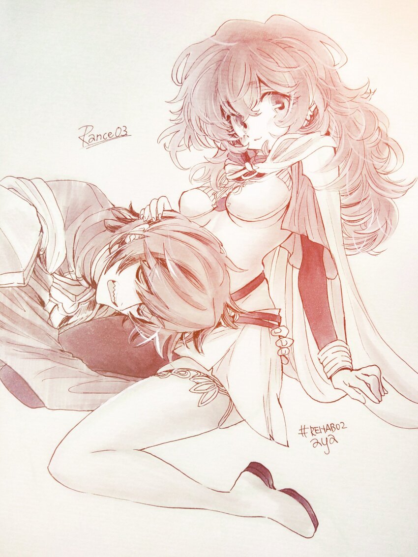 1boy 1girl armor aya_carmine bikini_armor blush boots breasts cape closed_eyes gloves greyscale highres lap_pillow long_hair looking_at_viewer medium_breasts millipen_(medium) monochrome open_mouth pen_(medium) rance rance_(series) rance_03 sharp_teeth sill_plain simple_background sitting skirt sleeping smile teeth thigh_boots traditional_media