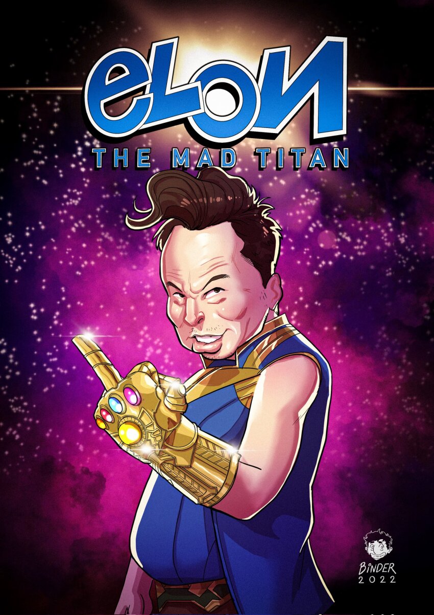 1boy 2022 bernhard_binder brown_hair commentary cosplay elon_musk english_commentary english_text evil_smile facial_hair fat fat_man goatee_stubble highres infinity_gauntlet male_focus marvel middle_finger real_life signature smile solo stubble thanos thanos_(cosplay) upper_body
