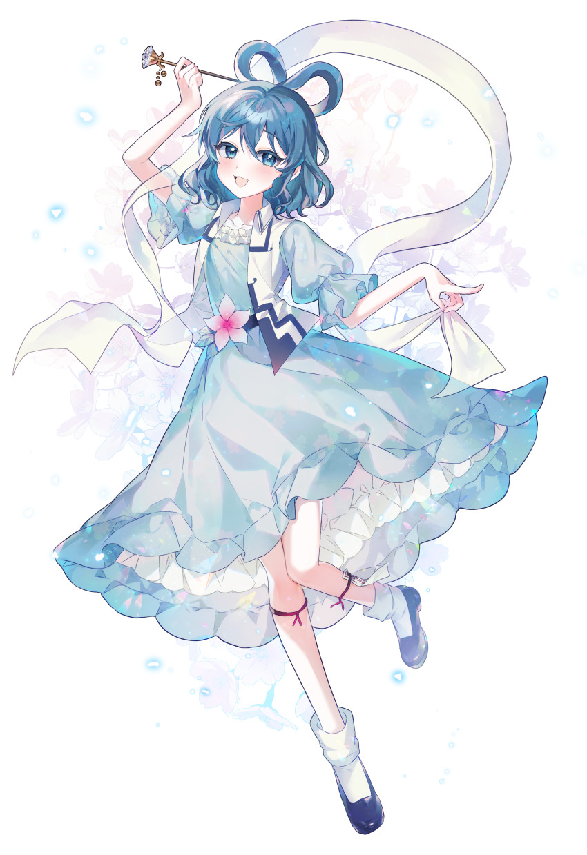 1girl absurdres black_shoes blue_dress blue_eyes blue_hair blush dress frilled_dress frilled_sleeves frills full_body hagoromo hair_between_eyes hair_ornament hair_rings hair_stick highres it_po_(sss_cmy) kaku_seiga medium_hair open_clothes open_mouth open_vest petticoat puffy_short_sleeves puffy_sleeves shawl shoes short_sleeves simple_background smile socks solo touhou vest white_background white_socks white_vest