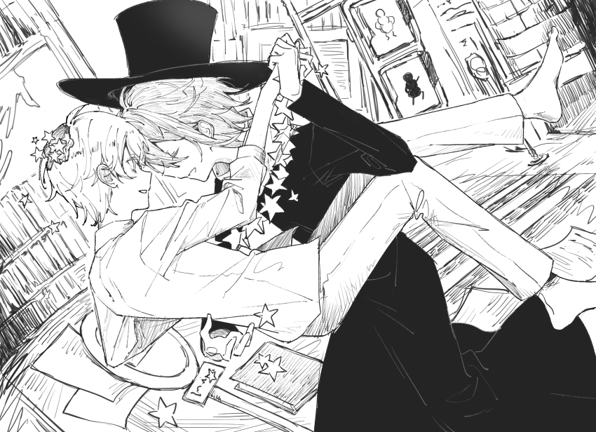 2boys ban-chan ban-chan_(cosplay) barefoot book closed_eyes coat commentary cosplay dancing facing_another floating greyscale hat highres hitotsume-sama hitotsume-sama_(cosplay) hole_in_head kamishiro_rui lamppost long_sleeves looking_at_another monochrome multicolored_hair multiple_boys nonsense_bunkaku_(vocaloid) open_mouth pants paper plate project_sekai prsk112277 shirt smile star_(symbol) streaked_hair tenma_tsukasa top_hat yaoi