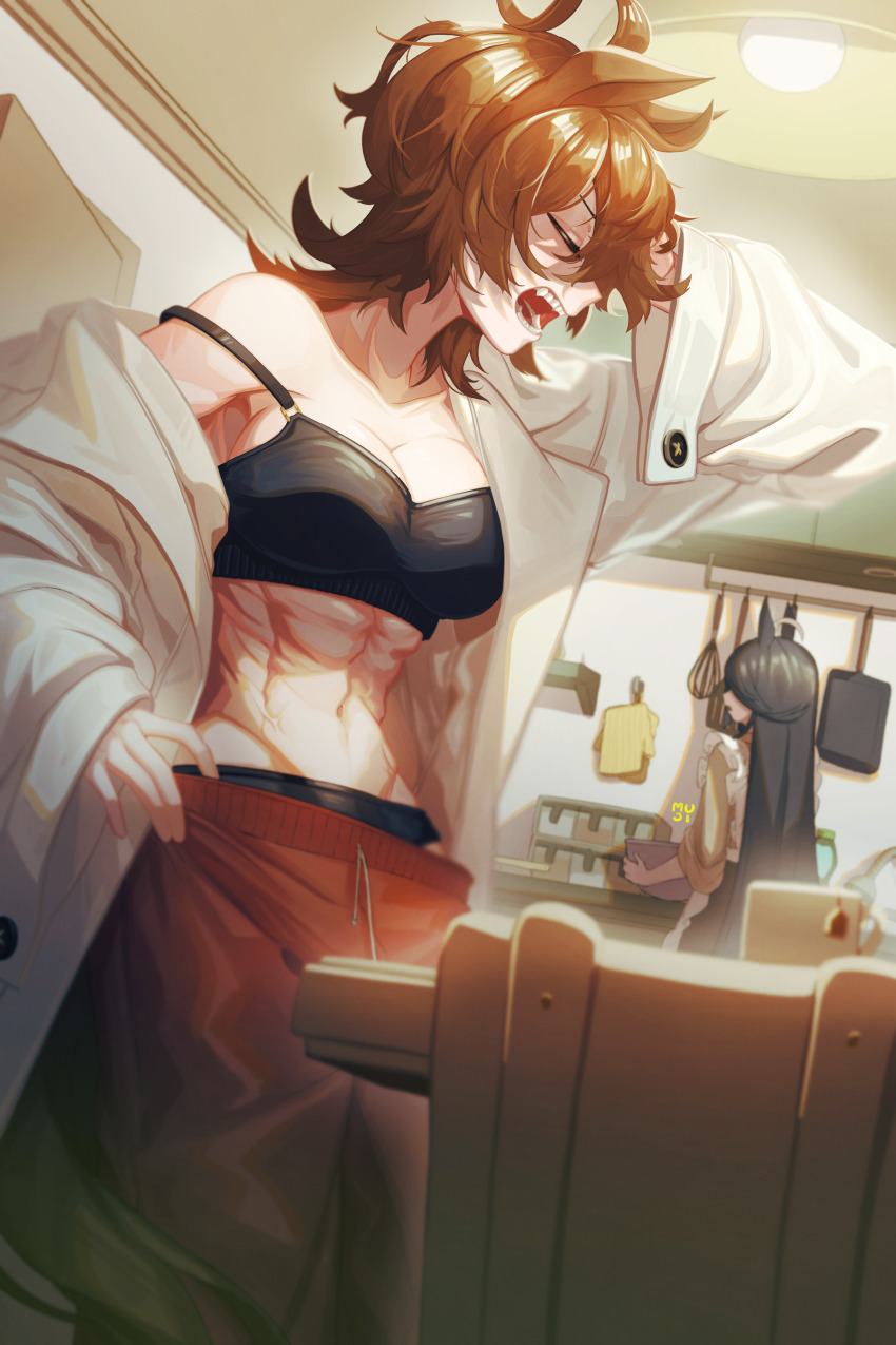 absurdres adjusting_hair agnes_tachyon_(umamusume) ahoge animal_ears black_bra black_hair black_panties bowl bra breasts brown_hair ceiling_light chair cleavage coat cup door fangs frilled_kimono frills frying_pan green_kimono hand_up highres holding holding_bowl horse_ears horse_girl huge_ahoge indoors japanese_clothes kimono lab_coat large_breasts long_hair long_sleeves manhattan_cafe_(umamusume) manhattan_cafe_(verdant_night)_(umamusume) medium_hair messy_hair mujintou_png multicolored_hair muscular muscular_female no_shirt open_mouth oven_mitts panties pants red_pants sleepy sleeves_past_wrists solo_focus standing strap_slip sweatpants table umamusume underwear very_long_hair waking_up white_coat white_hair wide_sleeves wolf_cut yawning