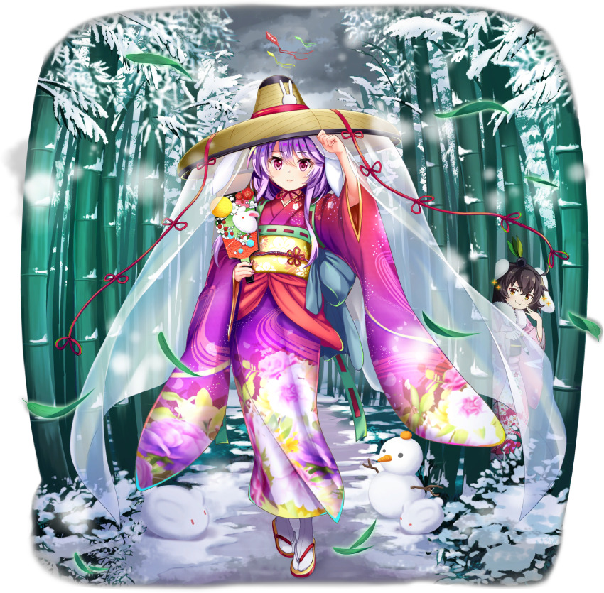 2girls alternate_costume animal_ears bamboo bamboo_forest brown_hair brown_hat closed_mouth falling_leaves floppy_ears floral_print forest full_body furisode game_cg hagoita hand_on_headwear hat hat_ornament highres holding holding_paddle inaba_tewi japanese_clothes kimono kite leaf long_sleeves looking_at_viewer medium_hair multicolored_kimono multiple_girls nature new_year obi obidome obijime official_art outdoors paddle pink_kimono print_kimono purple_kimono rabbit_ears rabbit_girl rabbit_hat_ornament reisen_udongein_inaba reisen_udongein_inaba_(health_and_well-being_rabbit) rotte_(1109) sandals sash see-through_clothes see-through_veil smile snow snow_rabbit snowman socks solo_focus tabi third-party_source touhou touhou_lostword transparent_background veil white_socks wide_sleeves zouri