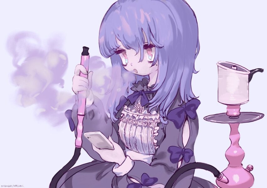 1girl black_dress bow cellphone dress frilled_dress frills grey_background hair_between_eyes holding holding_phone hookah long_hair long_sleeves original phone pink_eyes puffy_sleeves purple_bow purple_hair simple_background smartphone smoking solo yu_(stdio_nameraka)