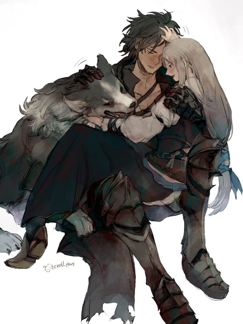 1boy 1girl armor beard beard_stubble chinstrap_beard clive_rosfield closed_eyes couple dress facial_hair final_fantasy final_fantasy_xvi grey_wolf hand_on_another&#039;s_head headpat highres jill_warrick petting sitting sitting_on_lap sitting_on_person smile stubble torgal_(ff16) wolf zerou_pan