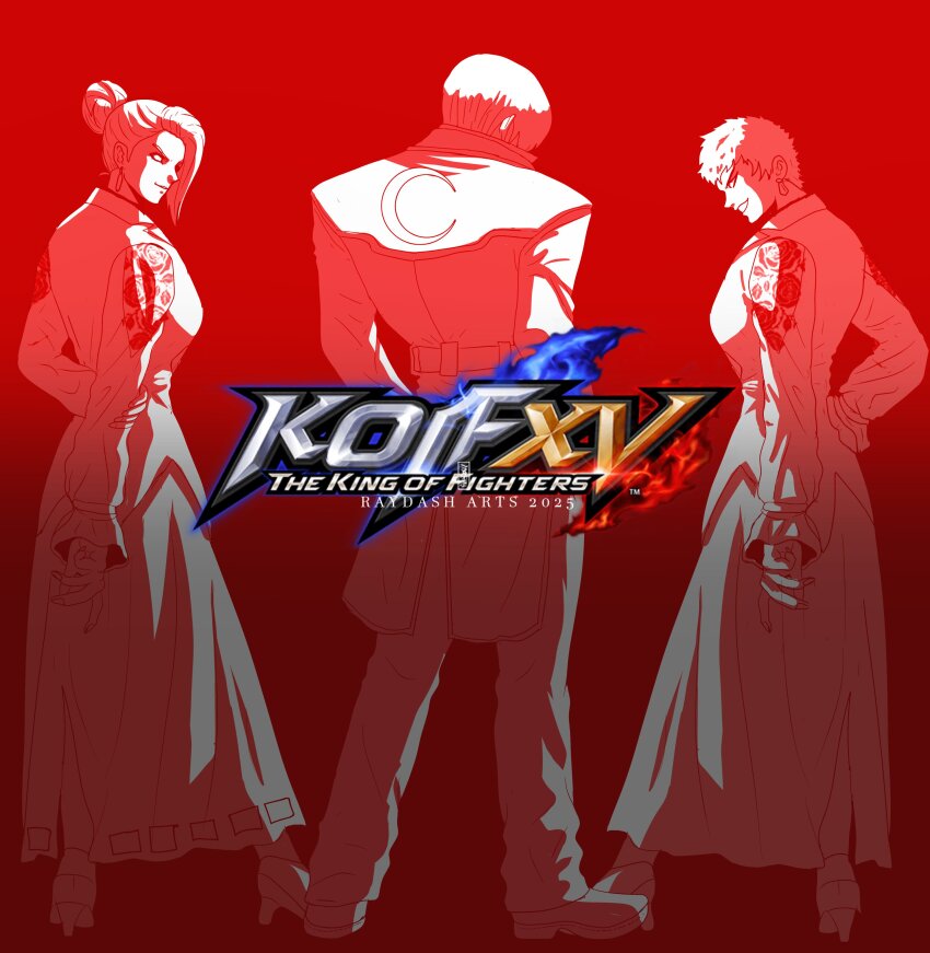 2girls absurdres breasts dress earrings female_focus formal_clothes from_behind hair_bun hand_on_own_hip highres jewelry large_breasts long_hair long_sleeves mature_(kof) medium_hair multiple_girls raydash30 short_hair smile standing suit the_king_of_fighters vice_(kof) yagami_iori