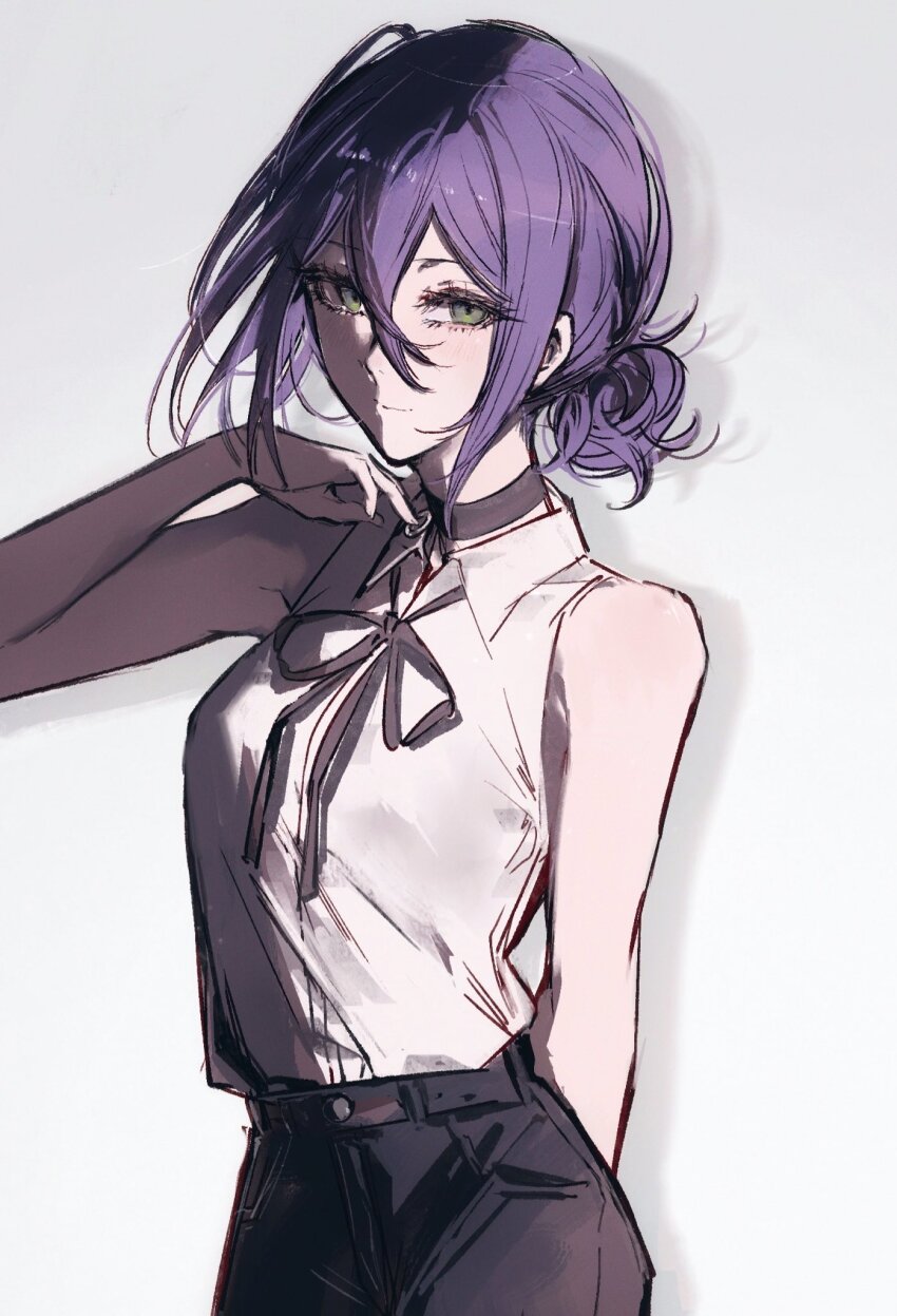 1girl arms_behind_back black_choker black_ribbon chainsaw_man choker closed_mouth collared_shirt commentary cowboy_shot crossed_bangs gradient_background green_eyes grey_background hair_between_eyes hair_bun hand_up highres long_hair_between_eyes looking_at_viewer medium_hair moku_(muooku) neck_ribbon purple_hair reze_(chainsaw_man) ribbon shirt sleeveless sleeveless_shirt solo white_shirt
