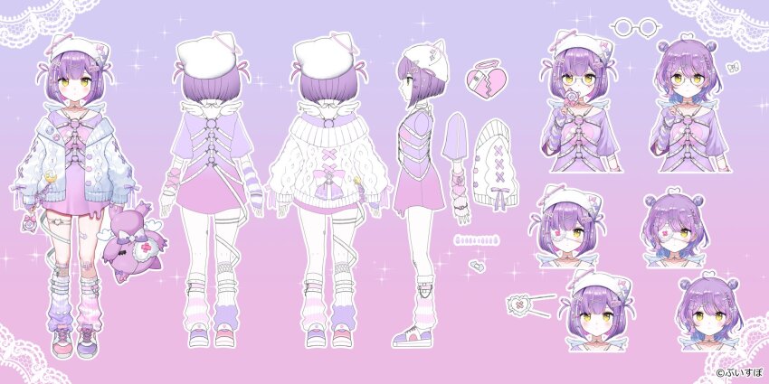 1girl ahoge animal_hat arm_warmers barbell_piercing bob_cut bow calflet candy cardigan cat_hat chest_harness choker colored_inner_hair cropped_torso double_bun ear_piercing earrings eyepatch fishnet_socks fishnets food gauze_on_knee gradient_clothes gradient_shirt hair_bow hair_bun hair_ornament hair_rings hairpin harness hat heart heart_ahoge highres holding holding_candy holding_food holding_lollipop industrial_piercing jewelry leg_warmers lollipop manabu medium_hair multicolored_hair multiple_hairpins multiple_views nishizawa o-ring o-ring_harness o-ring_thigh_strap official_art open_cardigan open_clothes parted_bangs pendant_choker piercing purple_hair reference_sheet second-party_source shinomiya_runa shinomiya_runa_(4th_costume) shirt socks solo swirl_lollipop thigh_strap too_many_hair_ornaments two-tone_hair two_side_up variations virtual_youtuber vspo! white_cardigan white_choker white_hat x_hair_ornament yellow_eyes yume_kawaii