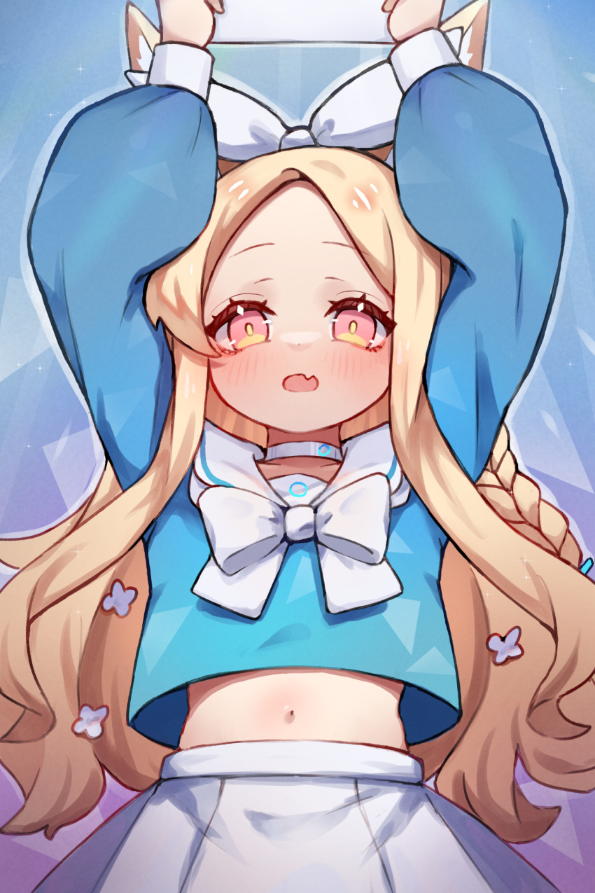 1girl animal_ears arona_(blue_archive) arona_(blue_archive)_(cosplay) blonde_hair blue_archive choker cosplay fox_ears fox_girl highres long_hair looking_at_viewer midriff miya_(miyaruta) navel seia_(blue_archive) skirt solo white_choker