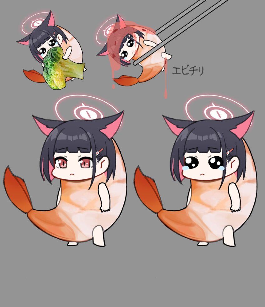1girl :&lt; animal_ears black_hair blue_archive broccoli cat_ears cat_girl chibi closed_mouth colored_inner_animal_ears colored_inner_hair crying crying_with_eyes_open extra_ears highres kazusa_(blue_archive) meme momocadraw multicolored_hair pink_eyes shrimp solo tears two-tone_hair