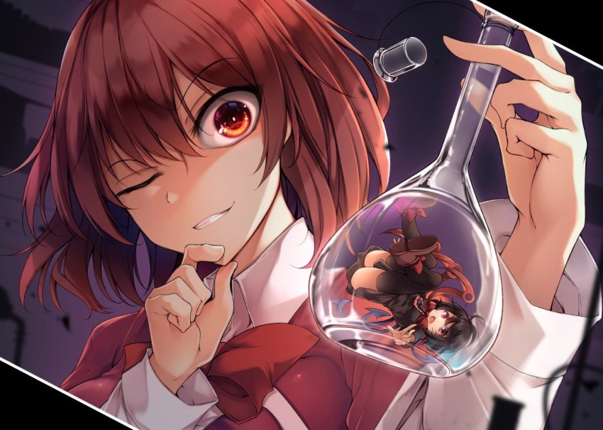 2girls asymmetrical_wings black_dress black_hair black_legwear blue_wings bow bowtie brown_footwear collared_shirt commission dress flask grin hand_on_own_chin holding holding_flask houjuu_nue in_container in_flask long_sleeves looking_at_viewer midori_(misuriru8) mini_person minigirl multiple_girls okazaki_yumemi one_eye_closed open_mouth red_bow red_bowtie red_eyes red_hair red_wings shirt short_hair short_sleeves skeb_commission smile thighhighs touhou touhou_(pc-98) volumetric_flask white_shirt wings