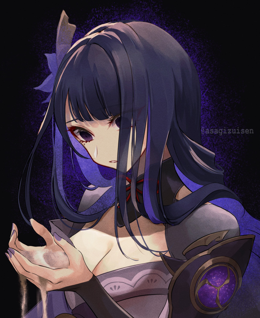 1girl armor artist_name asagizuisen ashes blunt_bangs breasts bridal_gauntlets cleavage clothing_cutout commentary_request empty_eyes flower flower_ornament genshin_impact gradient_hair hair_ornament highres holding japanese_clothes kimono large_breasts long_hair looking_down mole mole_under_eye multicolored_hair neck_ribbon off_shoulder parted_lips purple_background purple_flower purple_hair purple_kimono purple_nails raiden_shogun red_ribbon red_sash ribbon sad sash shade shoulder_armor shoulder_cutout solo standing twitter_username upper_body