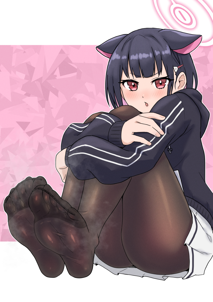 1girl absurdres animal_ears black_hair blue_archive blush feet highres hugging_own_legs kazusa_(blue_archive) looking_at_viewer medium_hair pantyhose parted_lips red_eyes smell soles steam toes urin_(littleurin)