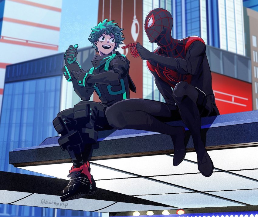 2boys :d black_bodysuit blue_sky bodysuit boku_no_hero_academia boku_no_hero_academia:_world_heroes&#039;_mission building city commentary_request crossover day gauntlets gloves green_eyes green_hair highres maemaesp male_focus marvel mask midoriya_izuku miles_morales multiple_boys open_mouth outdoors pointing sitting sky smile spider-man_(miles_morales) spider-man_(series) spider-verse superhero_costume trait_connection urban