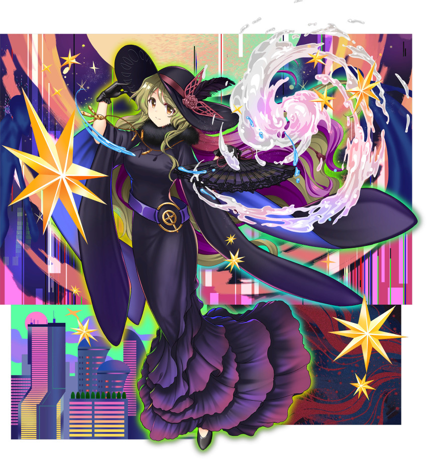 1girl alternate_costume alternate_headwear_color black_dress black_gloves black_hat black_shoes blonde_hair breasts closed_mouth dress folding_fan fur-trimmed_dress fur_trim game_cg gloves hand_fan hat hat_feather highres holding holding_fan jewelry large_breasts light_smile long_dress long_hair looking_at_viewer mermaid_dress necklace official_art rotte_(1109) shoes smile solo sun_hat third-party_source touhou touhou_lostword transparent_background very_long_hair watatsuki_no_toyohime watatsuki_no_toyohime_(backdrop_for_the_moon_companion) wide_sleeves yellow_eyes