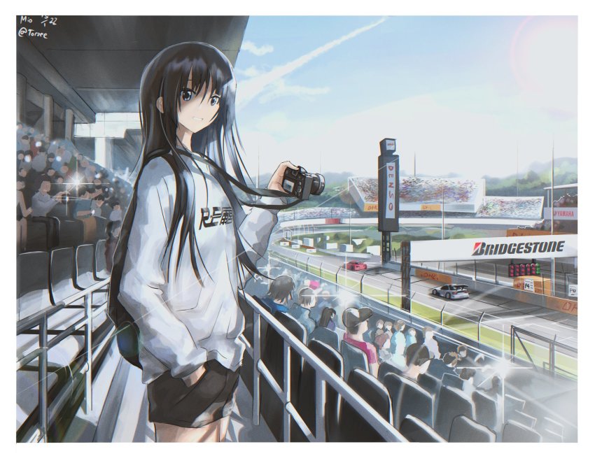 1girl akiyama_mio black_eyes black_hair black_shorts bridgestone camera grin hand_in_pocket highres holding holding_camera k-on! long_hair looking_at_viewer outdoors parted_lips race_vehicle racetrack scenery shorts smile teeth torzee