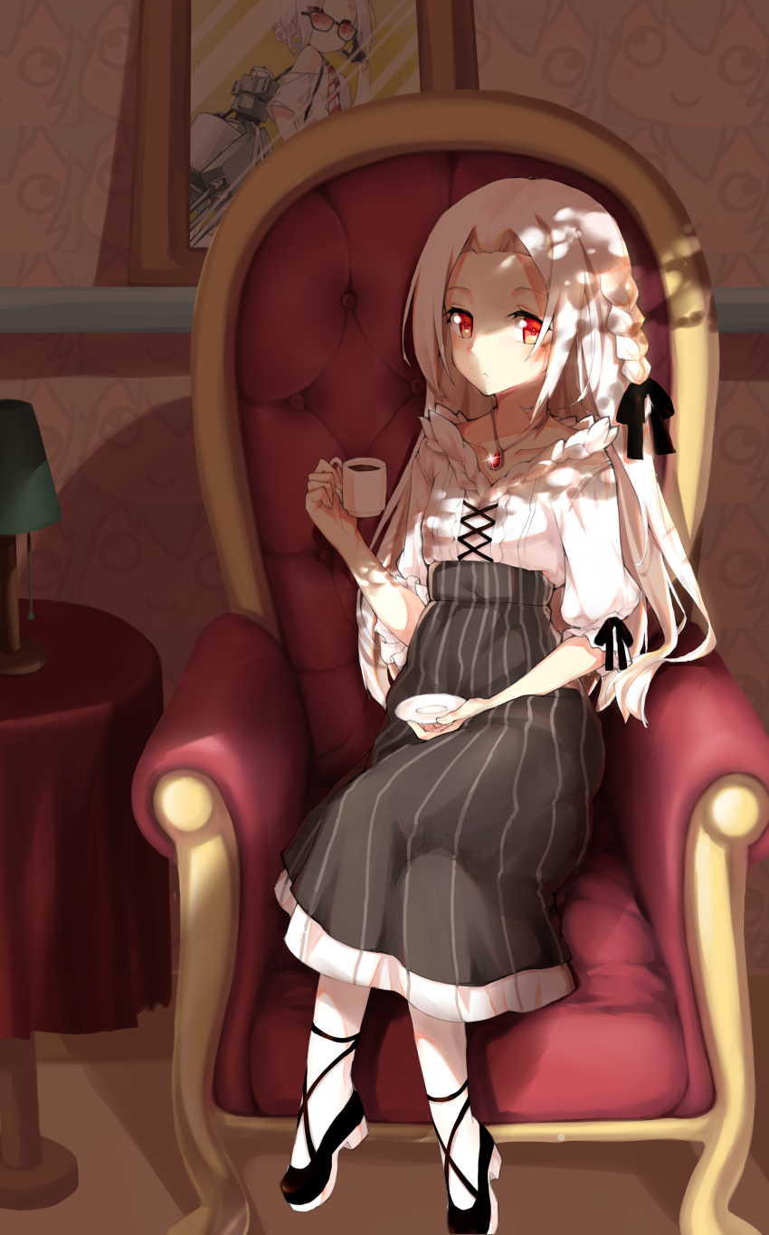 1girl absurdres alternate_costume alternate_hairstyle arm_rest armchair black_ribbon black_shoes black_skirt blouse braid chair closed_mouth collarbone crossed_legs cup curtains cyta_celest expressionless female_focus gem glint hair_ribbon hand_on_own_thigh hand_up high-waist_skirt highres holding holding_cup holding_saucer indoors jewelry lamp light long_hair long_skirt necklace painting_(object) pedestal pendant picture_frame puffy_sleeves red_eyes red_gemstone ribbon ribbon-trimmed_clothes ribbon_trim saucer shade shadow shirt shoes sitting skirt solo striped_clothes striped_skirt underbust vertical-striped_clothes vertical-striped_skirt vittorio_veneto_(warship_girls_r) wallpaper_(object) warship_girls_r white_hair white_shirt