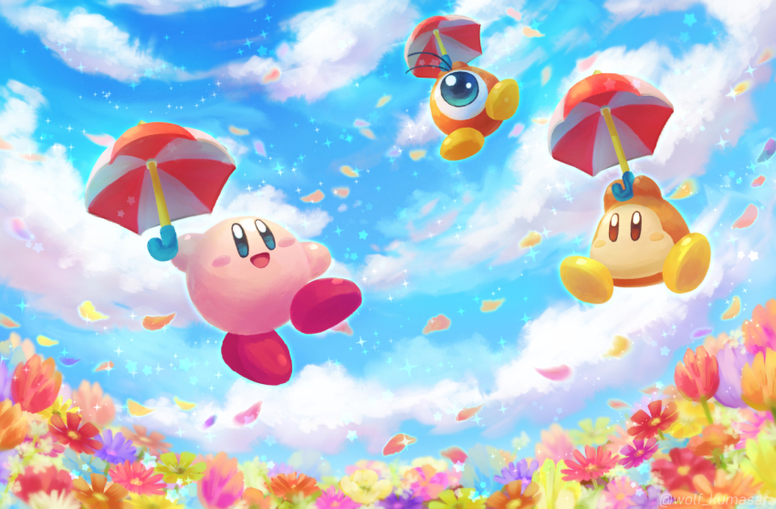 :d arm_up arms_up blue_eyes blue_flower blue_sky blush blush_stickers brown_eyes cloud commentary copy_ability day field floating flower flower_field full_body green_flower holding holding_umbrella kirby kirby_(series) kumaoka_pon looking_at_viewer nintendo no_humans one-eyed open_mouth orange_flower outdoors parasol parasol_kirby petals pink_flower purple_flower red_flower sky smile umbrella waddle_dee waddle_doo yellow_flower