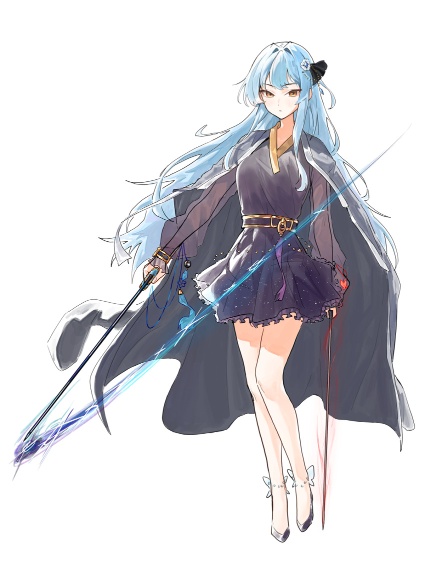 1girl biryu_soso blue_hair hair_ornament hairpin highres korean_clothes long_hair non-web_source original see-through_clothes see-through_sleeves yellow_eyes