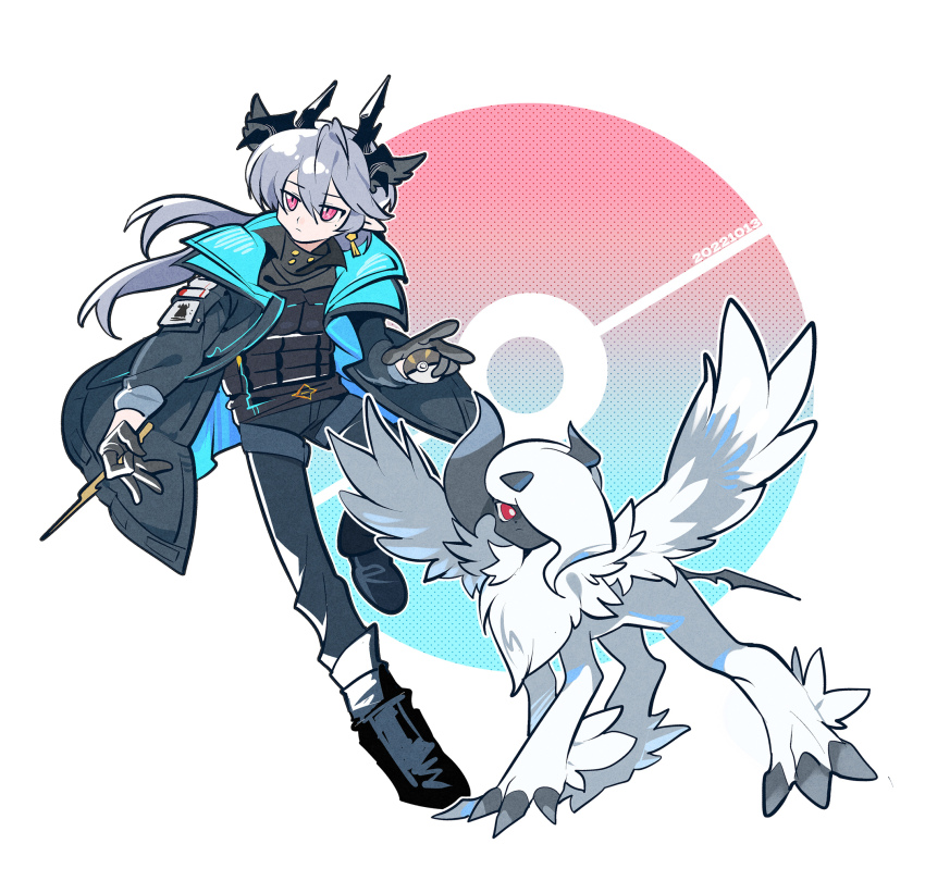 1boy absol animal_ears arknights black_footwear black_gloves black_jacket black_pants black_vest blue_jacket chinese_commentary commentary_request gen_3_pokemon gloves grey_hair hair_over_one_eye head_wings highres holding holding_poke_ball holding_wand horns jacket ling_s logos_(arknights) long_hair looking_to_the_side male_focus mega_absol mega_pokemon nintendo pants pointy_ears poke_ball poke_ball_symbol pokemon pokemon_(creature) red_eyes rhodes_island_logo simple_background standing standing_on_one_leg two-sided_fabric two-sided_jacket utility_vest vest wand white_background wings