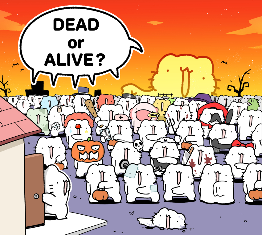 6+others absurdres axolotl_(karameru) bandaid bandaid_on_face bare_tree baseball_bat bat_(animal) blood blood_on_face bow bucket clipboard clown_nose clown_wig cosplay door english_text facial_mark fake_horns frankenstein&#039;s_monster frankenstein&#039;s_monster_(cosplay) gauze hairband halloween halloween_bucket halloween_costume halo hat highres holding holding_bucket holding_clipboard horn_hairband horns house kaijuu_ni_naritai_(vocaloid) karameru karameru_(character) knife_in_head little_red_riding_hood_(fairy_tale_character) little_red_riding_hood_(fairy_tale_character)_(cosplay) monster multiple_others nail_(hardware) nail_bat nurse_cap object_through_head open_door orange_sky original partially_buried patchwork_skin pitchfork playboy_bunny pointing pointing_at_another projected_inset red_bow red_hood scar scar_on_face screw_in_head skull_and_crossbones sky star_(sky) star_(symbol) star_facial_mark starry_sky sunset teardrop_facial_mark top_hat tree zombie