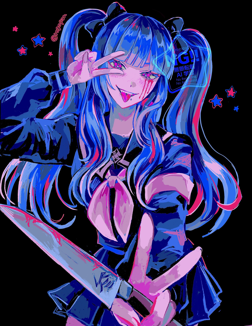 1girl absurdres amemiya_darumi black_background black_bow black_sailor_collar black_serafuku black_skirt blood bloody_tears blue_hair bow commentary_request double_v eyeshadow grin hair_bow highres holding holding_knife knife kuchi_go_(rogopan) last_defense_academy_school_uniform long_hair long_sleeves looking_at_viewer makeup multicolored_hair neckerchief neon_palette pink_eyes red_eyeshadow sailor_collar school_uniform serafuku skirt smile solo star_(symbol) the_hundred_line_-last_defense_academy- tongue tongue_out twintails twitter_username v v_over_eye watermark white_neckerchief