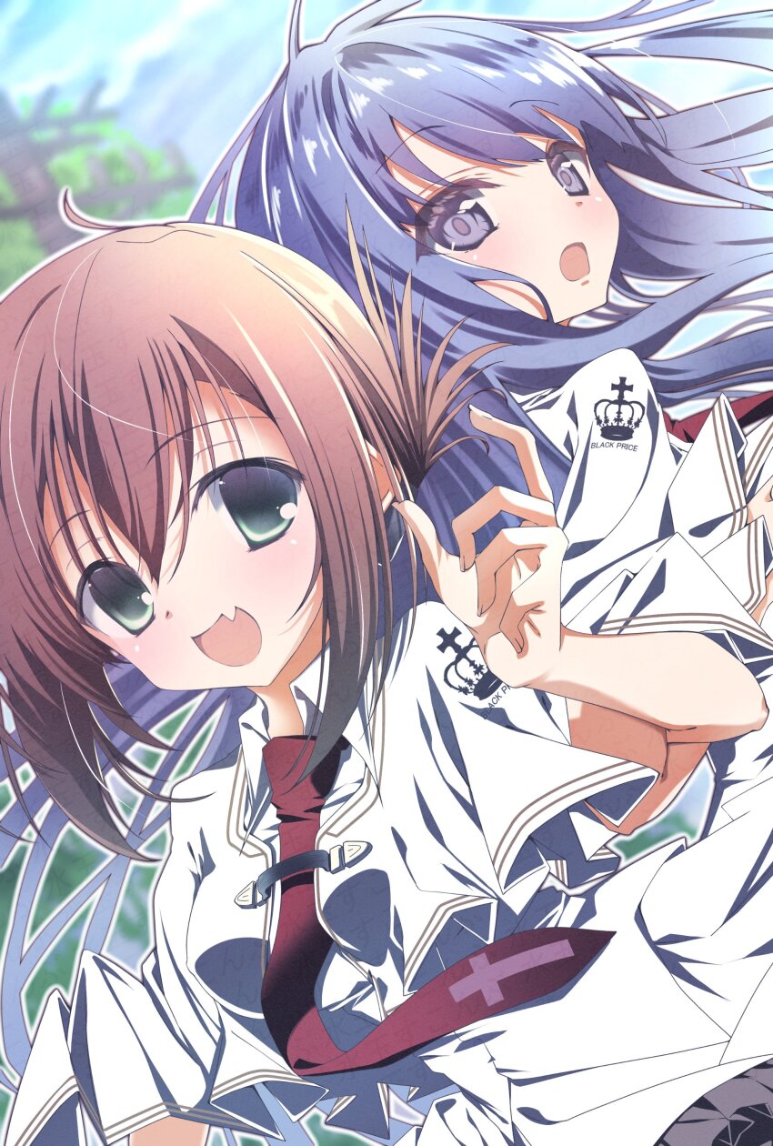 2girls :d :o absurdres back-to-back black_hair blurry blurry_background blush brown_hair capelet collared_shirt commentary_request cross cross_print crown_print day dutch_angle english_text eyelashes fang floating_hair folded_ponytail frilled_skirt frills green_eyes grey_eyes hand_up happy highres long_hair looking_at_viewer looking_back medium_hair multiple_girls necktie open_mouth outdoors outline print_capelet print_necktie red_necktie school_uniform shirt skin_fang skirt smile subarashiki_hibi sukonbu385 tachibana_kimika takashima_zakuro upper_body watermark white_capelet white_outline white_shirt white_skirt