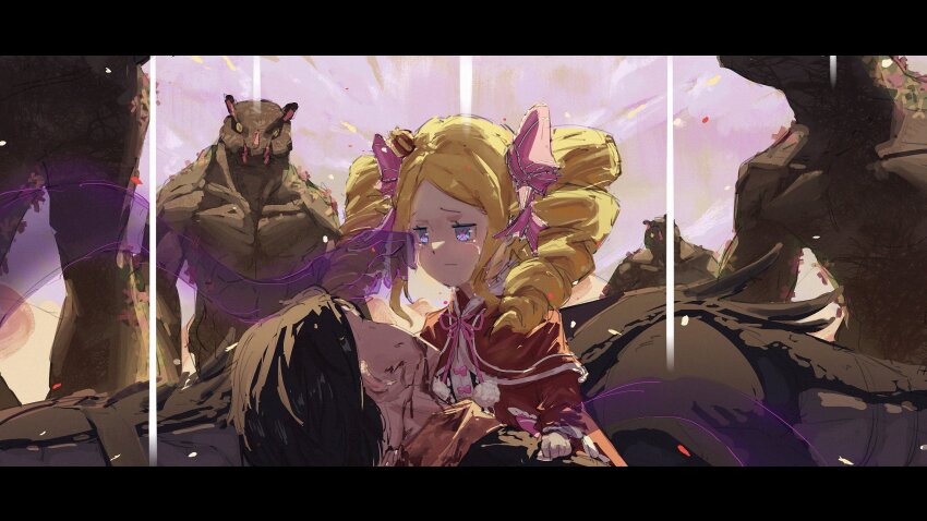 1boy 1girl beatrice_(re:zero) black_hair blonde_hair blood blood_on_face blue_eyes crying crying_with_eyes_open drill_hair dying hair_ribbon highres imminent_death looking_at_another looking_down lying monster natsuki_subaru on_back outdoors patrasche_(re:zero) re:zero_kara_hajimeru_isekai_seikatsu ribbon ro_ka_ro_ka short_hair sky symbol-shaped_pupils tears twin_drills