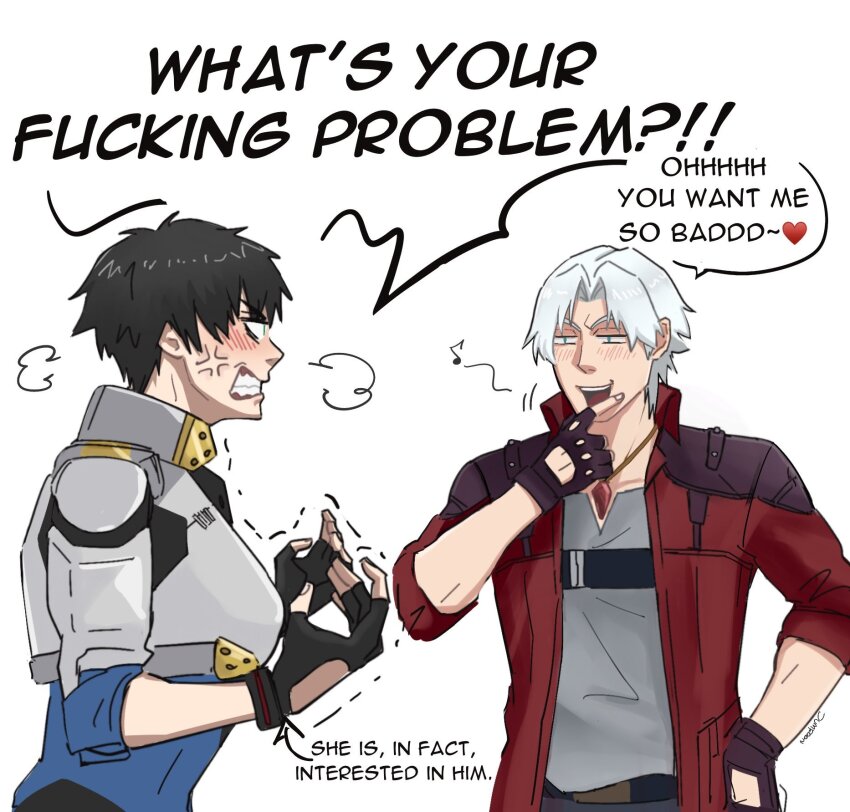 1boy 1girl anger_vein angry black_hair blush dante_(devil_may_cry) devil_may_cry_(netflix) devil_may_cry_(series) english_text fingerless_gloves gloves highres jumpoon lady_(devil_may_cry) profanity short_hair speech_bubble tactical_clothes tsundere white_background white_hair
