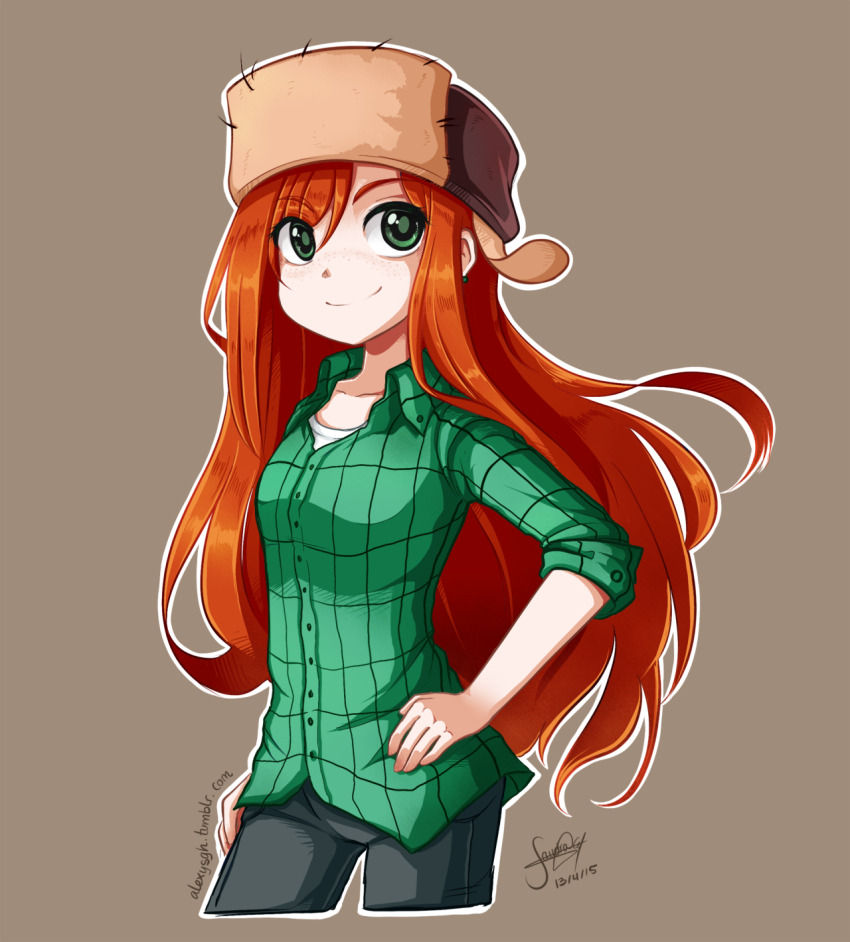1girl breasts brown_background commentary earrings english_commentary flannel freckles fur_hat gravity_falls green_eyes hands_on_own_hips hat highres jewelry long_hair red_hair sandragh shirt signature simple_background smile solo upper_body ushanka wendy_corduroy