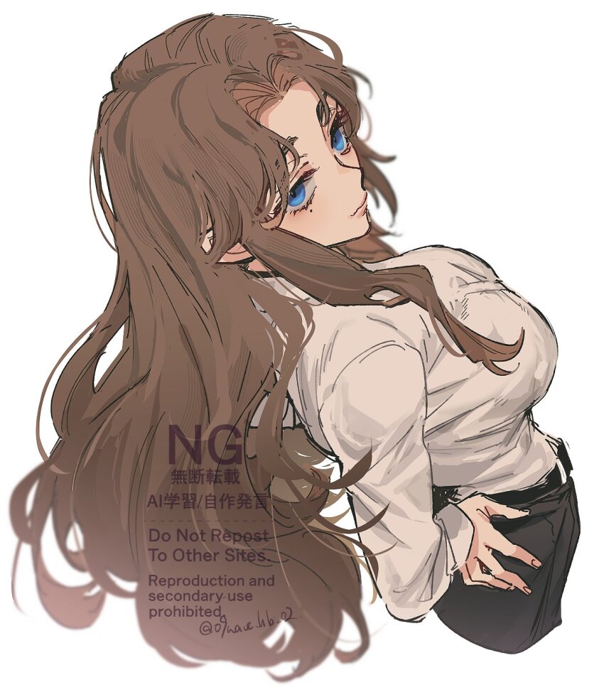 09wave_hb 1girl belt black_belt black_pants blue_eyes breasts brown_hair closed_mouth collared_shirt cowboy_shot from_above hands_on_own_hips highres large_breasts limbus_company long_hair looking_at_viewer looking_up mole mole_under_eye pants parted_bangs project_moon rodion_(project_moon) shirt sidelocks simple_background smile solo very_long_hair white_background white_shirt