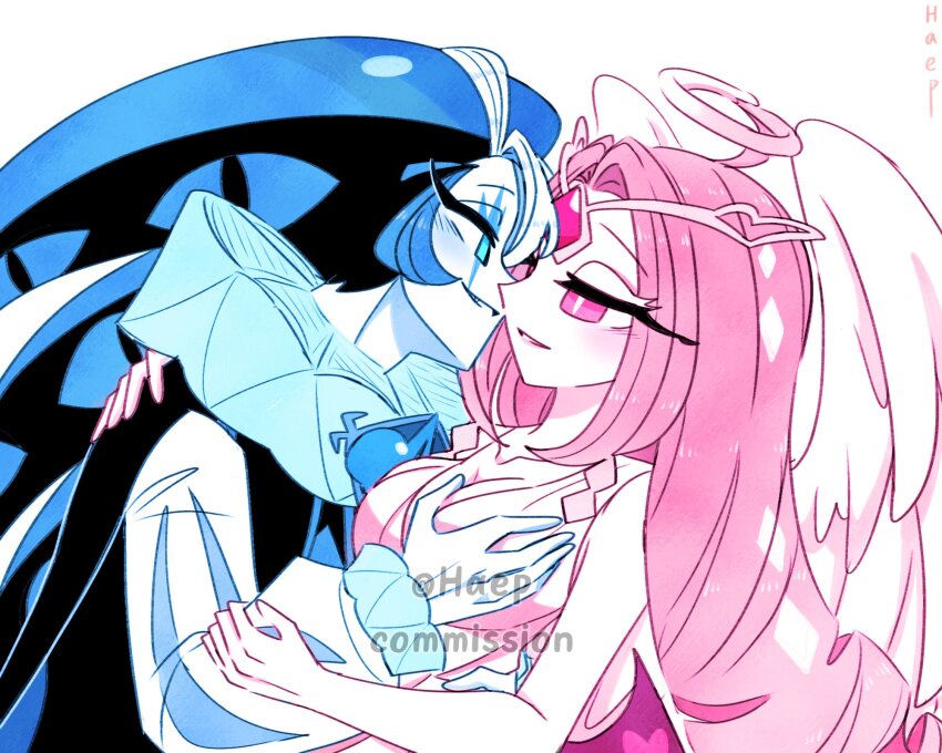 1boy 1girl angel angel_wings blue_eyes blue_skin brooch colored_skin cookie_run cookie_run:_kingdom dress eternal_sugar_cookie haep0510 hat highres humanization jester_cap jewelry long_hair long_sleeves neck_ruff pink_eyes pink_hair pink_skin puffy_sleeves shadow_milk_cookie simple_background smile very_long_hair white_dress white_hair wings