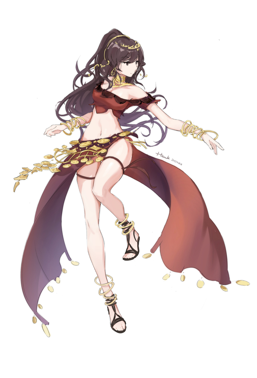 1girl absurdres bare_shoulders bracelet breasts brown_eyes brown_hair dancer_(final_fantasy) dated gorget harem_outfit highres jewelry large_breasts legs multiple_bracelets navel octopath_traveler off-shoulder_shirt off_shoulder pelvic_curtain ponytail primrose_azelhart sandals shirt signature solo thigh_strap thighs white_background yuusha_hakuyoku
