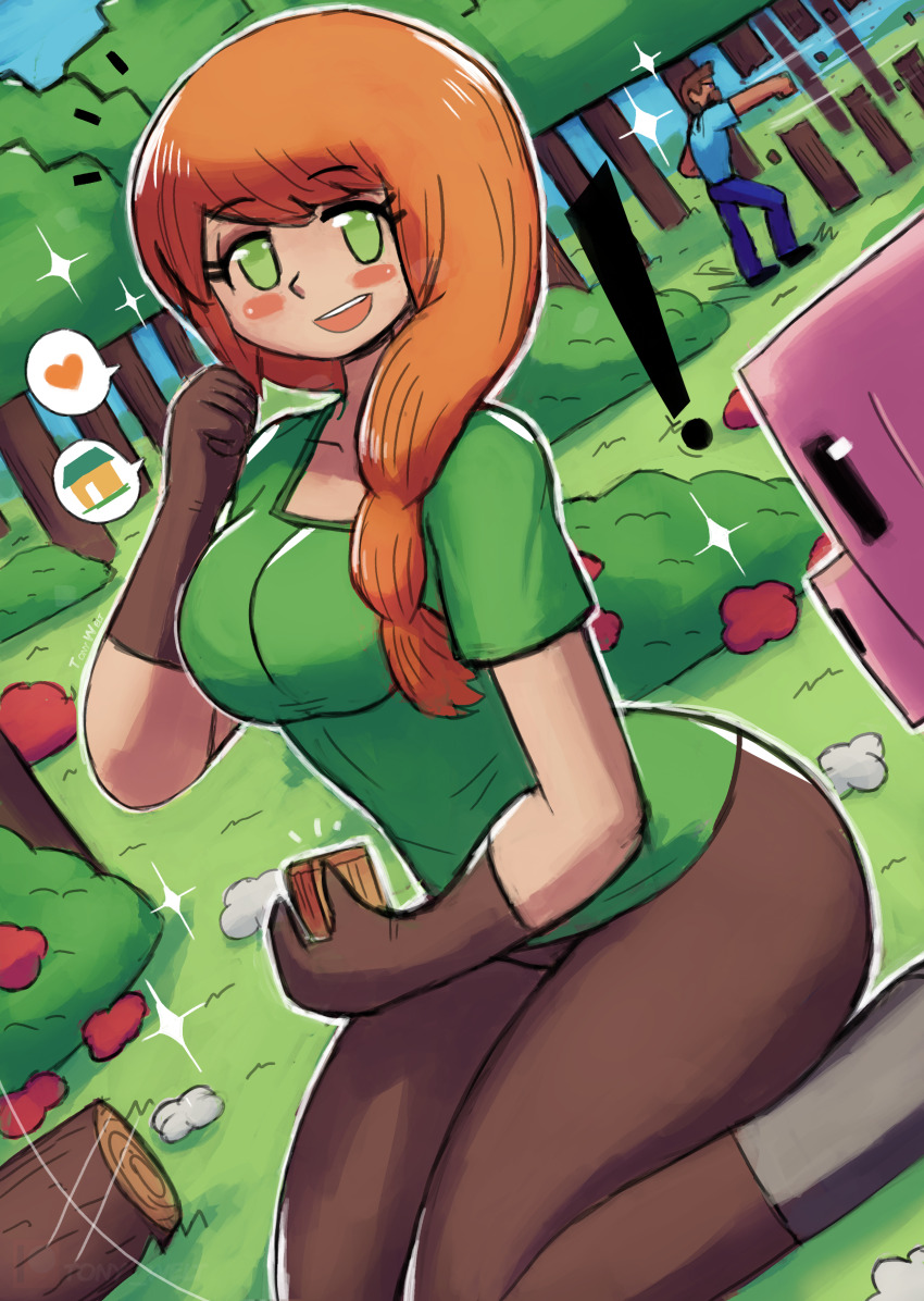! 1boy 1girl absurdres alex_(minecraft) animal beard block_(object) blue_pants blue_shirt blush boots braid breasts brown_gloves brown_pants brown_shorts bush collarbone dutch_angle facial_hair flower forest gloves grass green_eyes green_shirt heart highres holding holding_block log long_hair looking_at_viewer medium_breasts minecraft nature notice_lines open_mouth orange_hair pants pig pig_(minecraft) punching shirt shoes short_sleeves shorts side_braid sitting sky smile sparkle speech_bubble spoken_emoji spoken_heart steve_(minecraft) teeth thick_thighs thighs tony_welt tree wide_hips