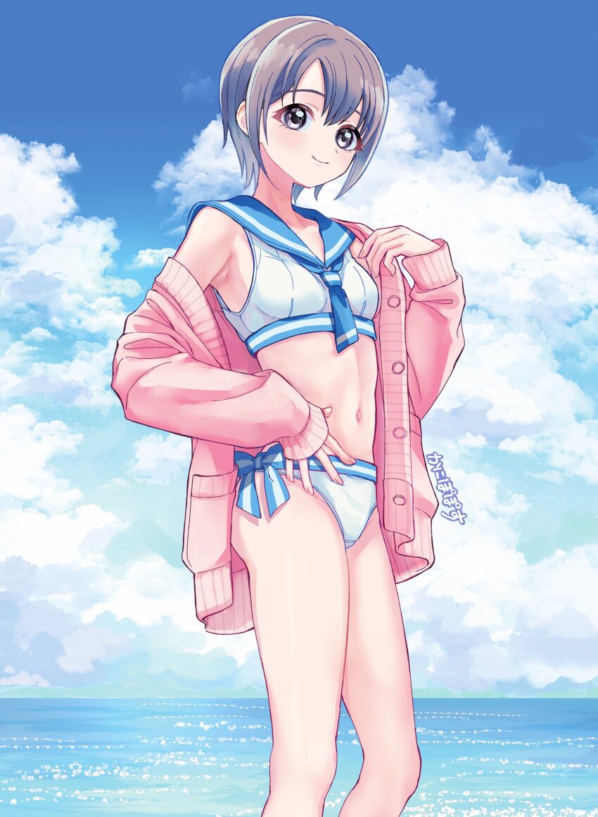 1girl absurdres blue_sailor_collar blue_sky breasts cardigan cloud grey_eyes grey_hair highres horizon idolmaster idolmaster_cinderella_girls kanipoposu long_hair looking_at_viewer navel open_cardigan open_clothes otokura_yuuki outdoors pink_cardigan sailor_collar sailor_swimsuit_(idolmaster) short_hair sky small_breasts smile solo water