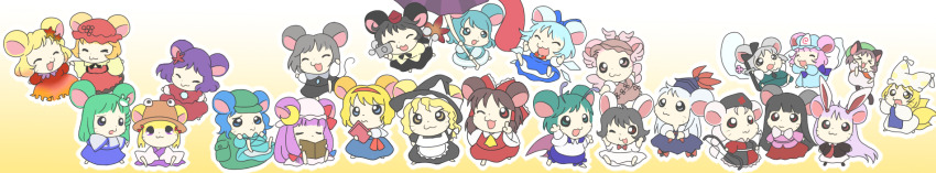 &gt;_&lt; 6+girls :3 aki_minoriko aki_shizuha alice_margatroid antennae black_hair blonde_hair blue_bow blue_eyes blue_hair book bow brown_hair brown_hat chen chibi chibi_only cirno commentary_request crescent crescent_hair_ornament dress ears_through_headwear full_body furrification furry furry_female green_bag green_hair green_hat grey_hair hair_bow hair_ornament hakurei_reimu hamster_girl hamtaro_(series) hat highres holding holding_book houraisan_kaguya ice ice_wings inaba_tewi kamishirasawa_keine karakasa_obake katana kawashiro_nitori kirisame_marisa kochiya_sanae konpaku_youmu kotomi_(happy_colors) leaf_hair_ornament long_hair long_image looking_at_viewer mob_cap moriya_suwako multiple_girls mystia_lorelei nazrin one_eye_closed open_mouth patchouli_knowledge pink_hair ponytail purple_hair purple_umbrella red_bow red_eyes red_hair red_hat reisen_udongein_inaba saigyouji_yuyuko shameimaru_aya short_hair skirt smile sword tatara_kogasa tokin_hat touhou triangular_headpiece umbrella weapon wide_image wings wriggle_nightbug yagokoro_eirin yakumo_ran yasaka_kanako yellow_background