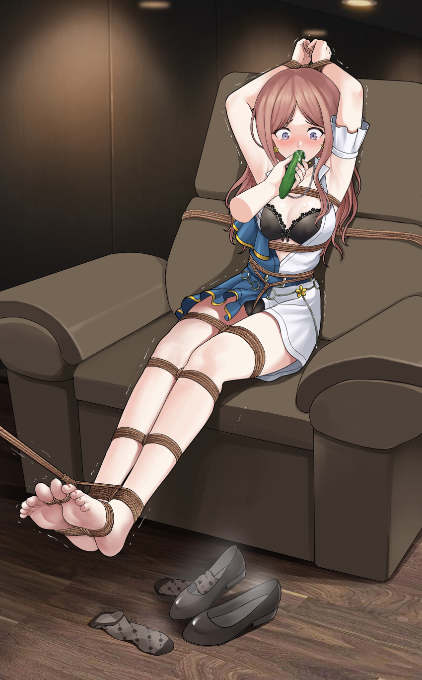 1girl absurdres bang_dream! bang_dream!_it&#039;s_mygo!!!!! barefoot bdsm black_bra bondage bound bra brown_hair couch cucumber gag highres long_hair nagasaki_soyo no_shoes on_couch saliva shibari sitting solo underwear yanx5