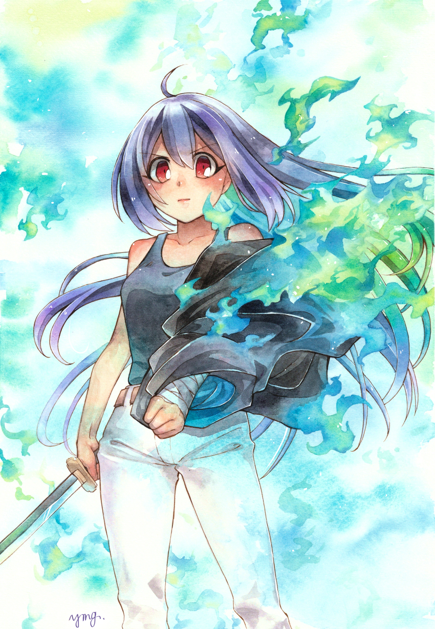 1girl absurdres ahoge bandaged_hand bandages bare_shoulders belt black_tank_top blue_fire breasts brown_belt burning_clothes closed_mouth collarbone commentary_request double-parted_bangs fire floating_hair green_fire highres holding holding_sword holding_unworn_clothes holding_weapon katana long_hair looking_at_viewer medium_breasts original painting_(medium) pants purple_hair red_eyes signature solo sword tank_top traditional_media watercolor_(medium) weapon white_pants yomogimo_chi