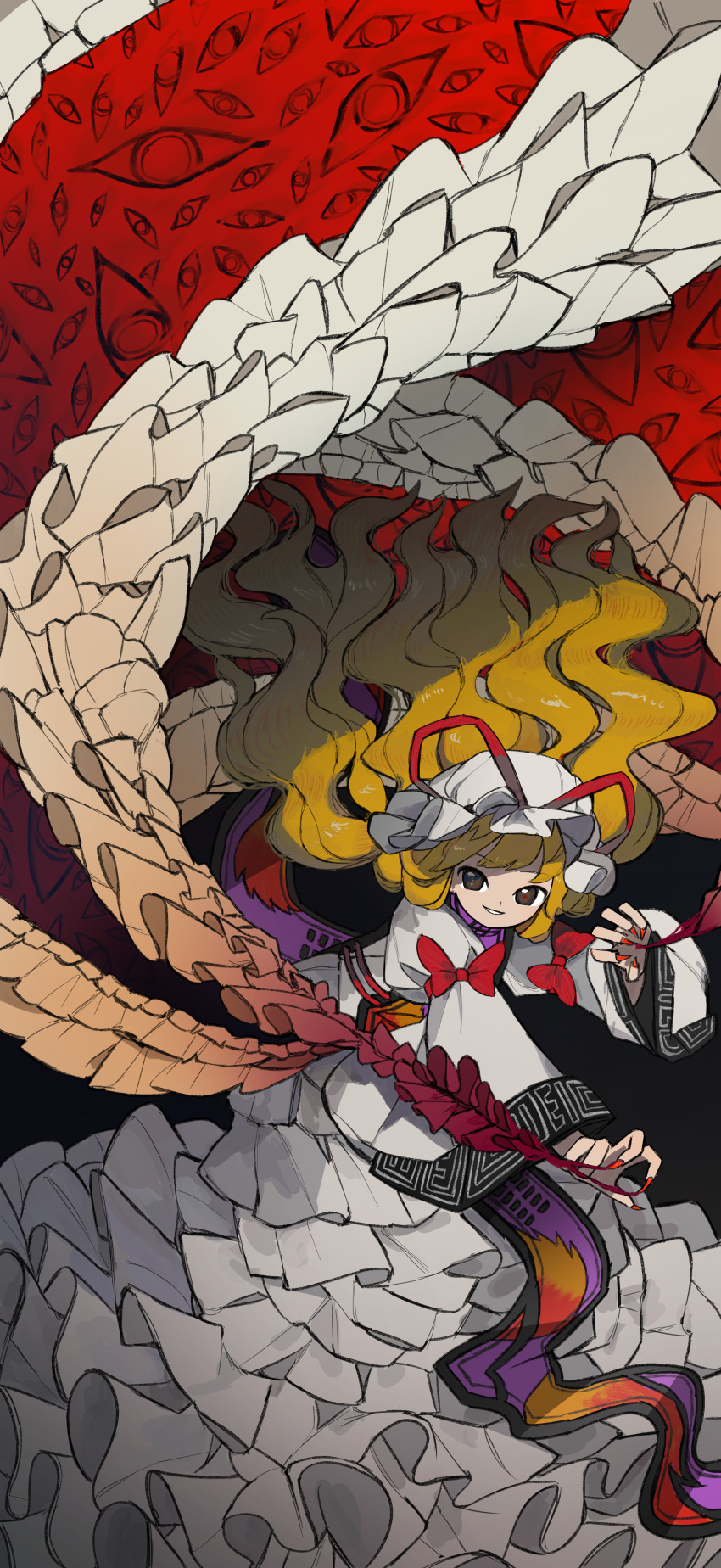 1girl absurdres arm_bow arm_ribbon black_eyes blonde_hair bow claw_pose commentary_request disembodied_eye dress fingernails floating_hair frilled_dress frilled_hat frills gap_(touhou) gradient_background hat hat_ribbon highres juliet_sleeves light_smile long_dress long_fingernails long_hair long_sleeves looking_at_viewer mob_cap neruzou open_mouth patterned puffy_sleeves purple_tabard red_background red_bow red_nails red_pupils red_ribbon revision ribbon solo tabard too_many too_many_frills touhou very_long_hair wavy_hair white_dress white_hat yakumo_yukari