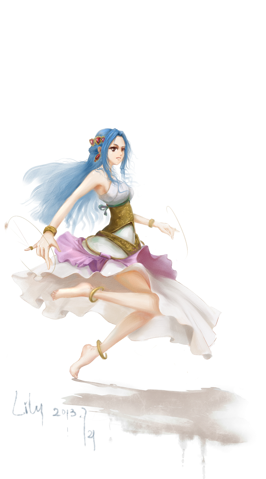 00s 1girl 2009 2013 absurdres alabasta anklet bangle bare_shoulders barefoot blue_hair bracelet breasts dancing dress earrings female_focus full_body highres jewelry medium_breasts meshililu2 nefertari_vivi one_piece princess simple_background sleeveless sleeveless_dress solo tiara weapon white_background white_dress